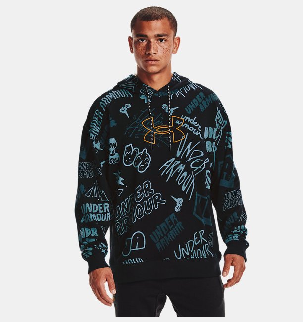 Erkek UA Rival Terry Scribble Print Kapüşonlu Üst Siyah