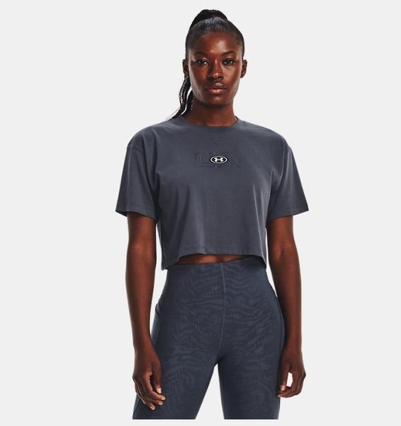 Gri Kadın UA Branded Logo Crop Kısa Kollu