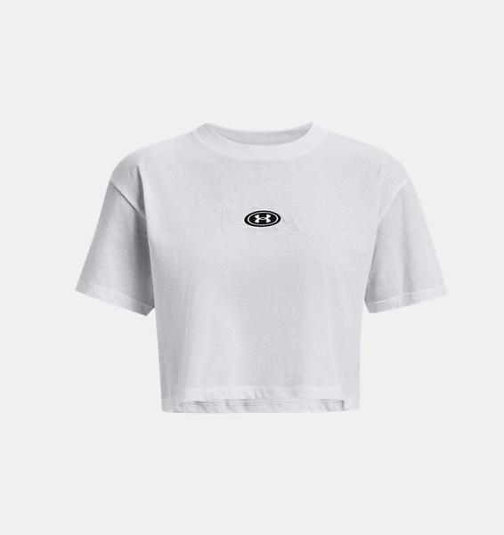 Beyaz Kadın UA Branded Logo Crop Kısa Kollu