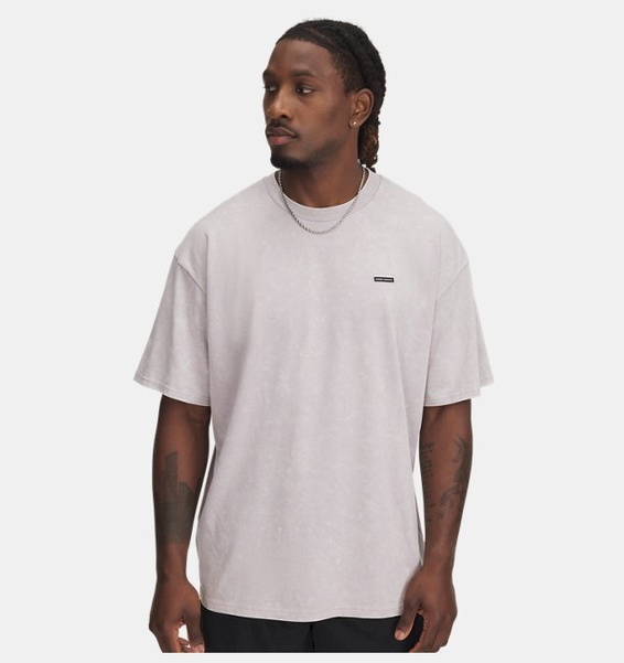 Gri Erkek UA Heavyweight Oversized Logo Wash Kısa Kollu Tişört