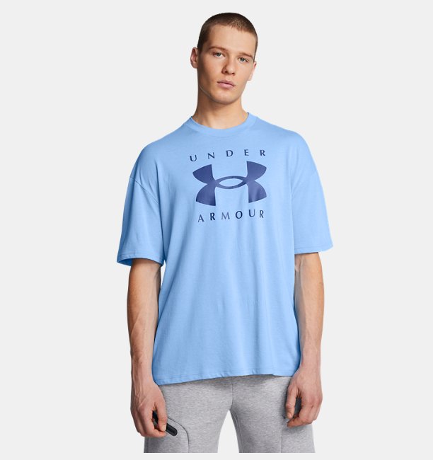 Erkek UA Heavyweight Oversized Branded Kısa Kollu T-shirt Mavi
