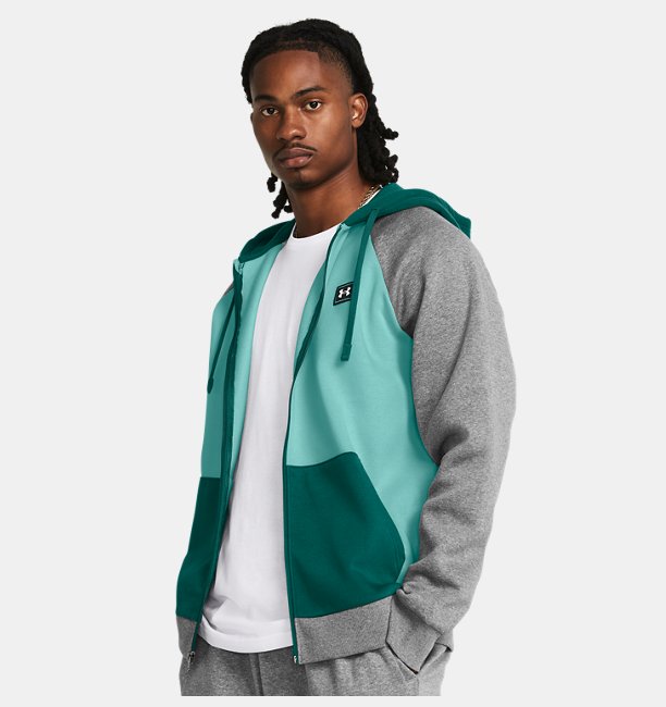 Erkek UA Rival Fleece Colorblock Tam Boy Fermuarlı Sweatshirt Turkuaz