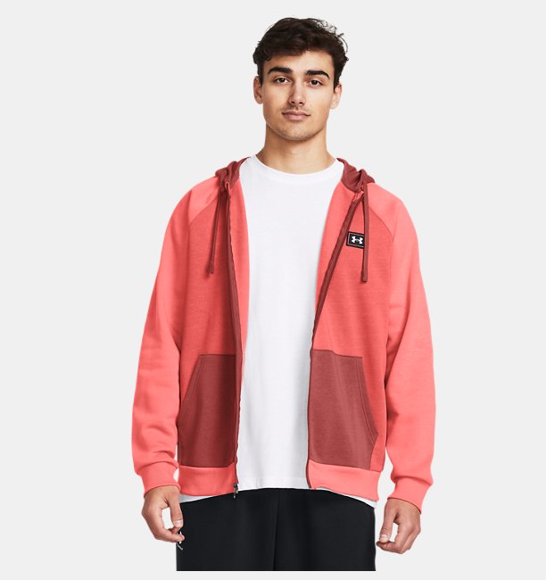 Erkek UA Rival Fleece Colorblock Tam Boy Fermuarlı Sweatshirt Kırmızı