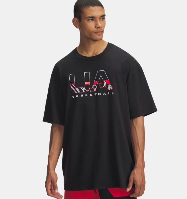 Erkek UA Heavyweight Hoops Branded Kısa Kollu T-Shirt Siyah