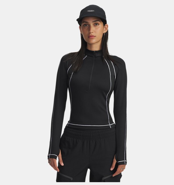 Kadın UA Coldgear Textured Yarım Fermuarlı Uzun Kollu T-Shirt Siyah