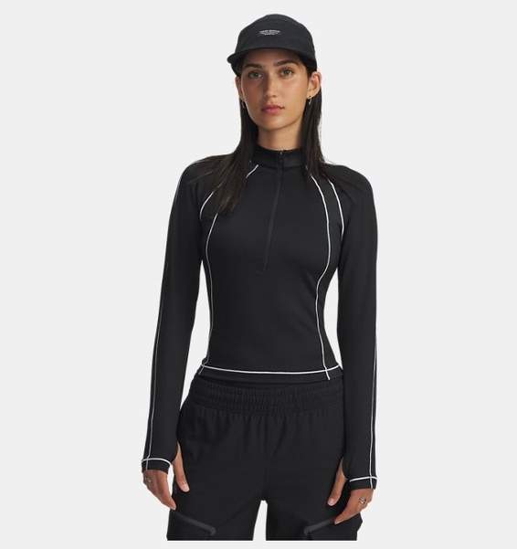 Siyah Kadın UA Coldgear Textured Yarım Fermuarlı Uzun Kollu T-Shirt