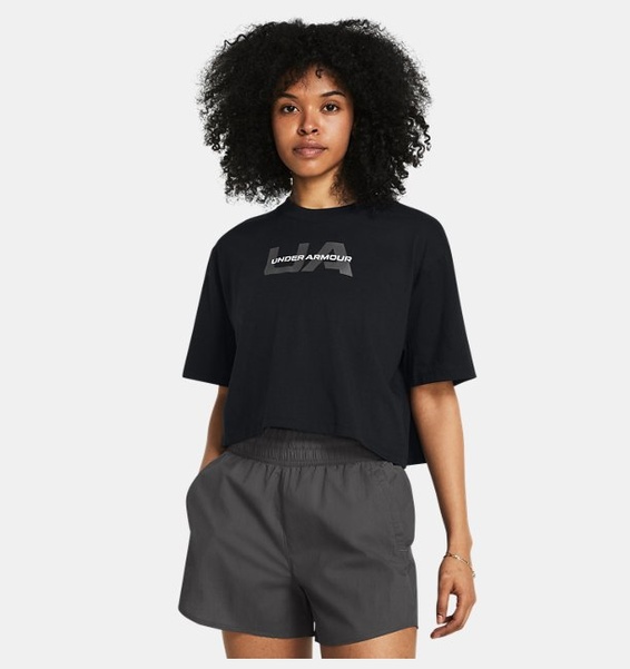 Siyah Kadın UA Boxy Crop Branded Kısa Kollu T-shirt