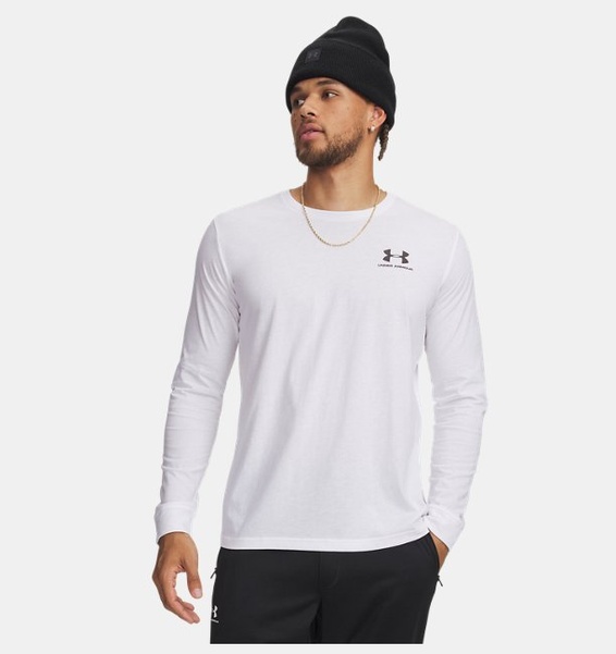 Beyaz Erkek UA Sportstyle Left Chest Uzun Kollu T-shirt