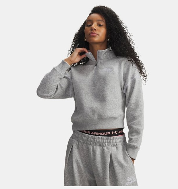 Gri Kadın UA Rival Fleece Script Yarım Fermuarlı Sweatshirt