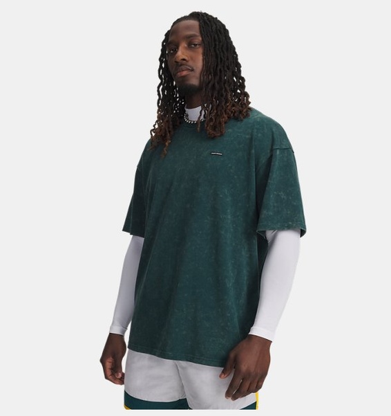 Koyu Yeşil Erkek UA Heavyweight Oversized Logo Wash Kısa Kollu T-shirt